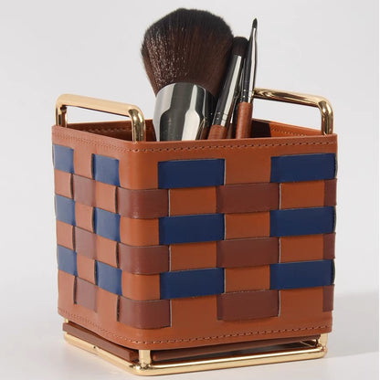 Stylish Checkered Makeup Brush Desktop Storage Basket